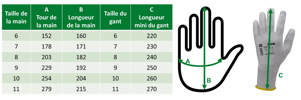 Guide des tailles de gants COVERGUARD